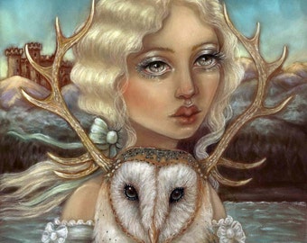 Skye and Finias barn owl Pop Surrealism big eye fine art print