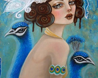 Flapper peacocks Original Oil painting 8x10 fine art print