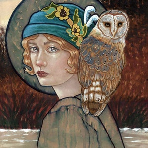 Edith and Undine flapper 1920's barn owl fine art print by Tammy Wampler