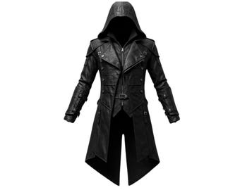 Handmade Black Leather Creed Hooded Coat - Pure Cowhide Leather Steampunk Long Coat For Cosplay - Leather Medieval Long Coat - Trench Coat