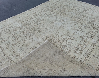 Large 8x11 Turkish Vintage Rug, Handmade Beige Wool Oushak Carpet, Soft Distressed Oriental Rug