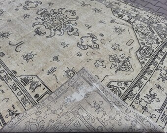 7.5x10.5 Vintage Neutral Area Rug, Handmade Wool Turkish Rug