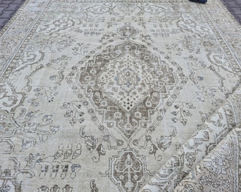 Dywan turecki w stylu vintage z medalionem, 9,5 x 12 stóp – ręcznie robiony wełniany dywan, duży, neutralny beżowy dywan