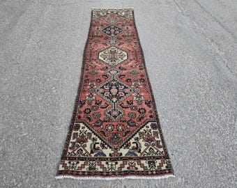 2x10 Handmade Turkish Runner Rug - Red Ivory Wool Carpet, Vintage Long Hallway Rug