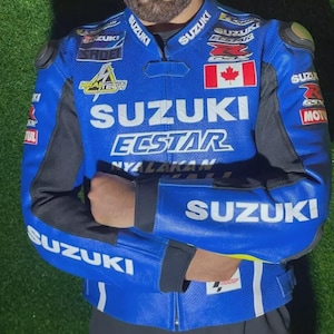 Chaqueta de cuero para moto Suzuki Racing – Azul, con certificación CE, equipo de motociclista blindado