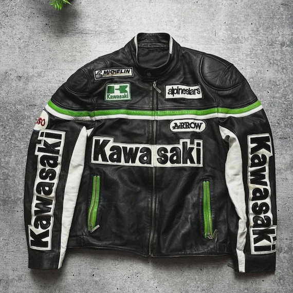 Cowhide Leather Kawasaki Leather Motorcycle Jacket Kawasaki Racing