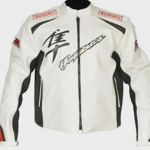 Suzuki Hayabusa White Racing Jacket – CE Armored Biker Gear in Genuine Cowhide Leather