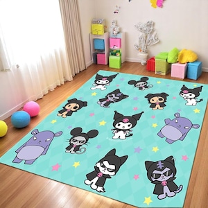 Kuromi Nursery Rug – Sky Blue Soft Baby Room Carpet – Cute Anime Floor Mat – Machine Washable Non-Slip Playroom Rug – Kawaii Kids Decor