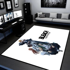 Bleach Anime Inspired Floor Mat - Bold Black White Rug with Orange Red Accents - Gamer Room Decor- Washable Non Slip Anime Carpet