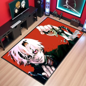 Dark Anime Art Rug | Washable Non Slip Manga Style Carpet | Red Black Graphic Floor Mat for Gamer Room & Studio Decor