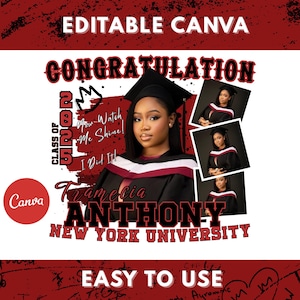 Graduate 2025 Editable Canva Template Digital Download, Red & Black Graduation 2025 Template, Senior Class of 2025 Add Photo Personalized