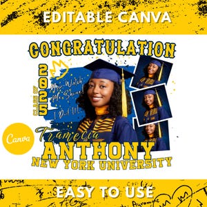Graduate 2025 Editable Canva Template Digital Download, Gold & Blue Graduation 2025 Template, Senior Class of 2025 Add Photo Personalized