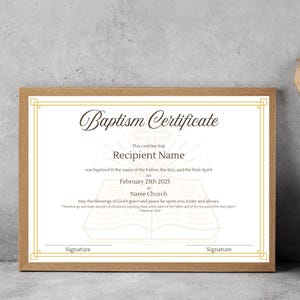 Plantilla de certificado de bautismo editable / Bautismo de bebé, bautismo en agua bendita, certificado de iglesia / Recuerdo imprimible en PDF de Canva