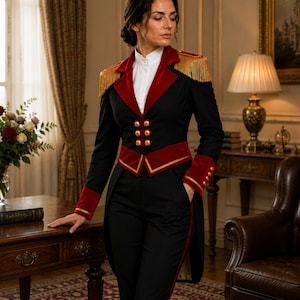May include: A black tailcoat jacket featuring red velvet lapels, gold fringe epaulets, and two rows of gold buttons. The jacket is paired with a white high-neck shirt and black trousers with a red side stripe, creating a structured uniform look.