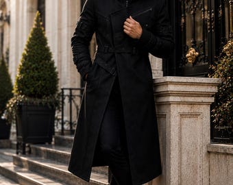 Men's Black Hooded Trench Coat | Long Gothic Coat | Winter Wool Overcoat | Belted Long Jacket | Victorian Military Coat | Custom Made