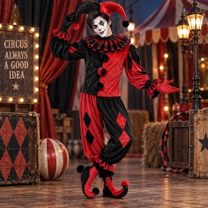 May include: A jester costume featuring a black and red color-blocked long-sleeve top with a ruffled collar, matching loose-fitting pants with diamond patterns, a multi-pointed jester hat with pom-poms, and curled-toe shoes with pom-poms.