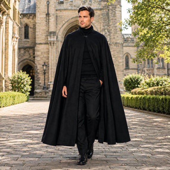 Mens Black Hoodless Cloak Cape | Gothic Vampire Cloak | Medieval Renaissance Cape | Long Wizard Costume | Halloween Cosplay Cloak