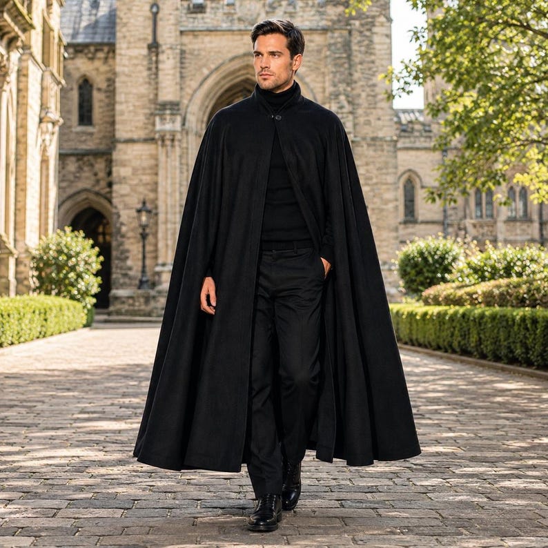 May include: A floor-length black cape worn over a black turtleneck sweater and black trousers. The cape features a single button closure at the neck, a structured collar, and a full, flowing silhouette that drapes down to the ankles.