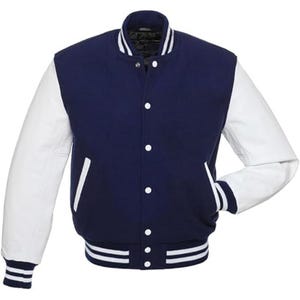 Navy Blue Varsity Jacket Baseball Letterman Jacket Wool Body Leather Sleeves College Sports Jacket High School Blue Wool Jacket