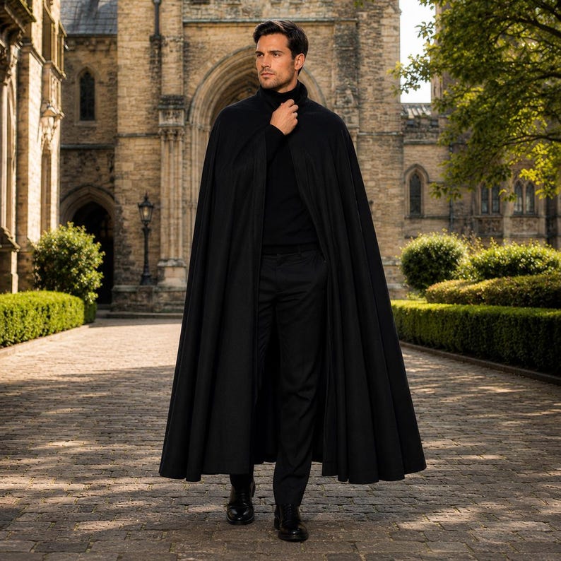 May include: A floor-length black cape worn over a black turtleneck sweater and black trousers. The cape features a high collar and a structured, flowing silhouette that drapes down to the ankles, creating a uniform and monochromatic appearance.