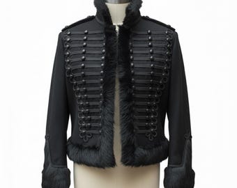 Handmade Jimi Hendrix Style Black Wool Hussar Jacket: Black Braiding, Military Parade Coat