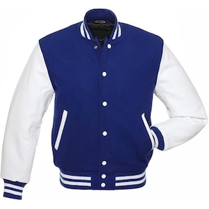 Royal Blue Varsity Jacket White Leather Sleeves Baseball Bomber Jacket High School Team Sports Jacket Wool Body Leather Sleeves Jacket