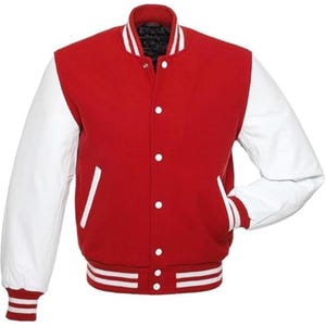Red Varsity Jacket White Leather Sleeves College Baseball Letterman Jacket High School Sports Bomber Jacket Red Wool Basketball Jacket