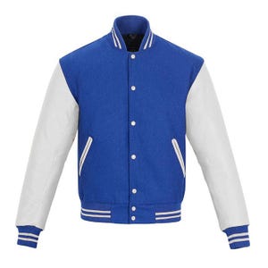 Mens Blue Varsity Letterman Jacket White Leather Sleeves Wool Bomber Jacket College Baseball Jacket Retro Sports Jacket Unisex Streetwear