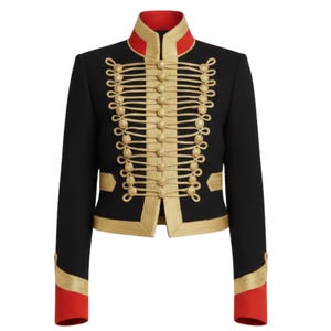 May include: Black military-style jacket with gold trim and buttons. The jacket features a high collar with red accents and red cuffs. The gold detailing includes decorative rope-like embellishments and buttons down the front. A stylish, tailored garment.