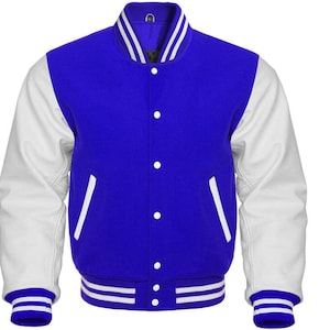 Mens Royal Blue Varsity Letterman Baseball Bomber Jacket Blue Wool White Genuine Leather Sleeves College Basketball Sports Jacket