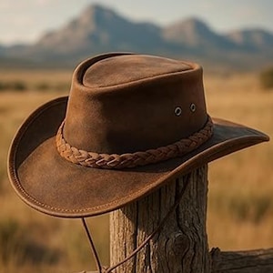 Western Leather Cowboy Hat Genuine Leather Outback Hat Braided Band Brown Leather Cowboy Horse Riding Hat Mens Cowboy Hat