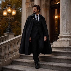 May include: A black floor-length cape worn over a black suit jacket, matching black trousers, a crisp white collared shirt, and a black necktie. The cape features a structured collar and a single visible gold button at the neckline.