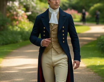 May include: A navy blue coat with gold buttons, worn over a tan waistcoat and cream-colored shirt and cravat. The coat has a red lining. The person is wearing beige trousers. The scene is set outdoors on a path.