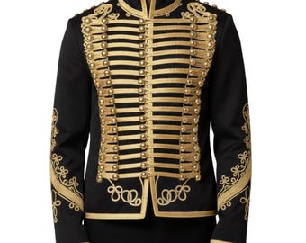 Herren schwarze Wolle Hussar Jacke: Napoleonische Militärparade Tunika