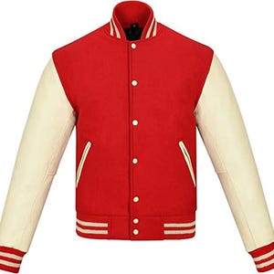 Mens Red Varsity Jacket Baseball Letterman Bomber Jacket Red Wool Cream Sleeves Varsity Jacket College Basketball Sports Jacket