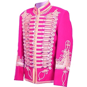 Chaqueta militar de húsar napoleónico, chaqueta dolman, chaqueta de húsar rosa, túnica pelliza, chaqueta de banda de gaitas Hendrix, chaqueta de lana rosa y blanca con ribetes