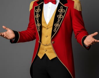 Men's Red Wool Ringmaster Jacket, Vintage Victorian Regency Tailcoat, Halloween & Cosplay Costume Outfit