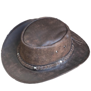 Australian Distressed Brown Leather Cowboy Hat Handmade Western Outback Hat Steampunk Cosplay Hat Brown Genuine Leather Horse Riding Hat