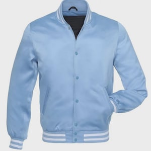 Mens Varsity Letterman Baseball Bomber Jacket Sky Blue Satin Basketball Jacket Satin Varsity Sports Jacket College Sports Team Jacket