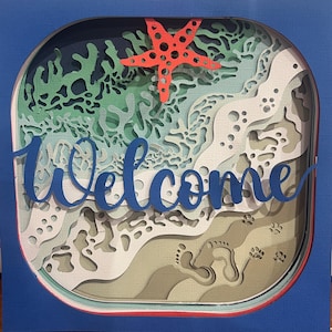 May include: A layered paper art piece with a beach theme. The artwork features the word "Welcome" in blue script, a red starfish, and various layers depicting the ocean and sand. The piece is framed in blue.