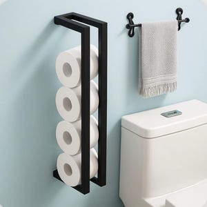 Metal Toilet Paper Holder – Wall Mounted Vertical Toilet Roll Storage – Minimalist Black Bathroom Organizer – Modern Toilet Roll Holder