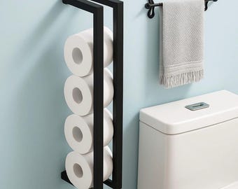 Metal Toilet Paper Holder – Wall Mounted Vertical Toilet Roll Storage – Minimalist Black Bathroom Organizer – Modern Toilet Roll Holder