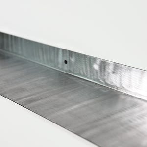 May include: A long, rectangular strip of galvanized steel with a brushed metallic finish. The metal piece features a vertical back edge bent at a ninety-degree angle, and a single, small, circular pre-drilled hole centered along the back flange.