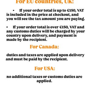 May include: An informational graphic titled Tax & Duty Information. It outlines tax and customs duty policies for the EU, UK, Canada, and the USA, noting that fees are determined by local laws and are outside of the seller's control.