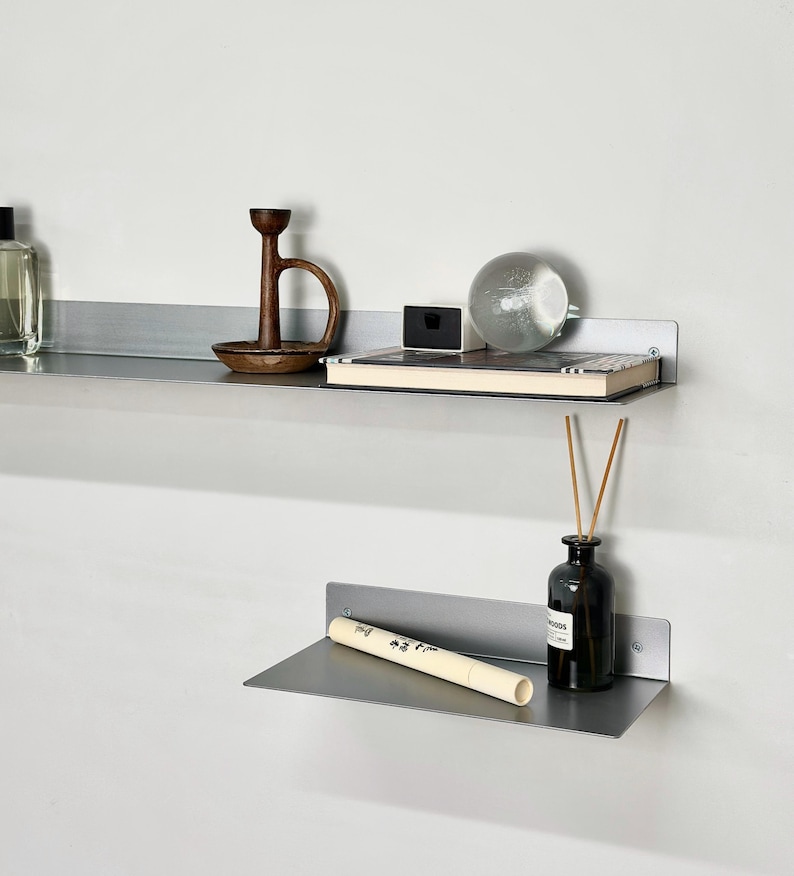 Image showcasing Chrome Metal Wall Shelf, Modern Wall Mounted Shelf, Minimalist Storage ...