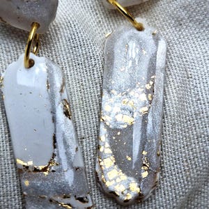 Textured Rectangle Dangle Earrings – White & Gold Polymer Clay