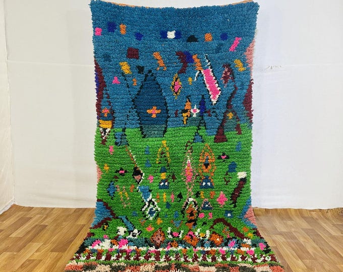 HANDMADE MOROCCAN WOOL Rug – Tribal Village Scene, Berber Storytelling Carpet, Colorful Bohemian Decor
