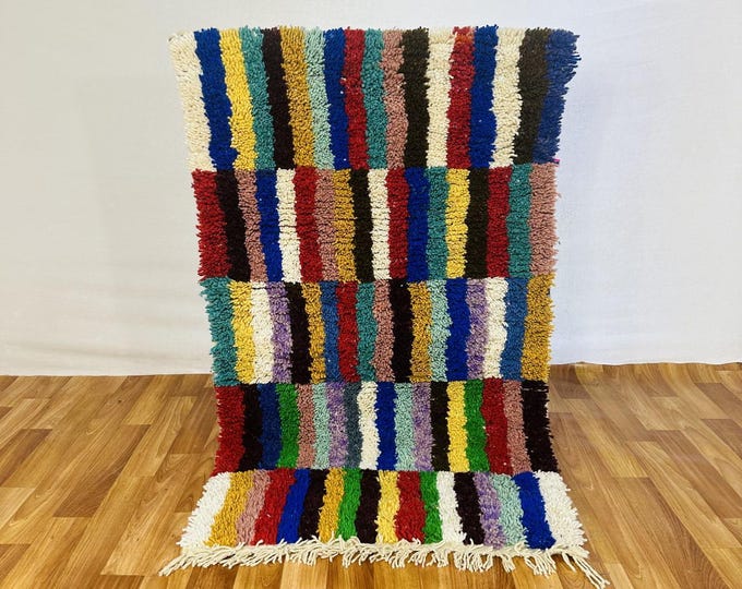 Rainbow Stripe Moroccan Rug: Handwoven Berber Wool Floor Art