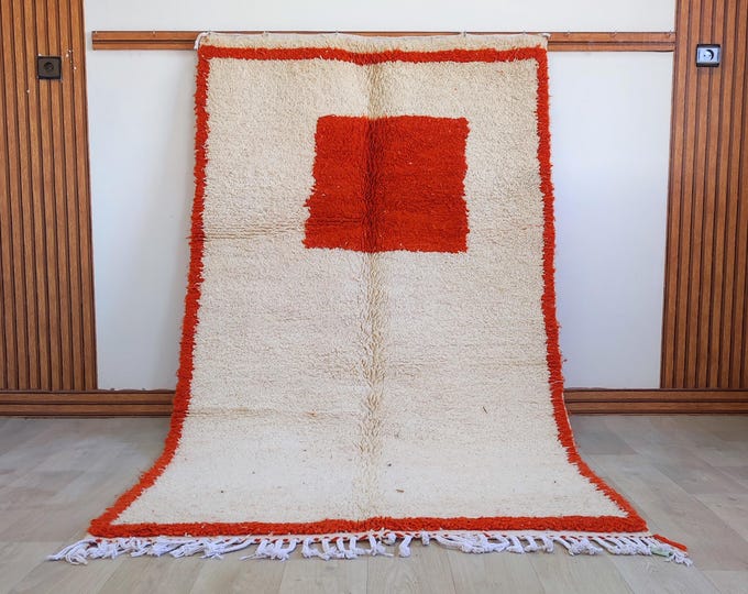 Moroccan Wool Rug Minimalist | Cream & Terracotta Handmade Berber | Custom Size | Made to Order | Free Shipping