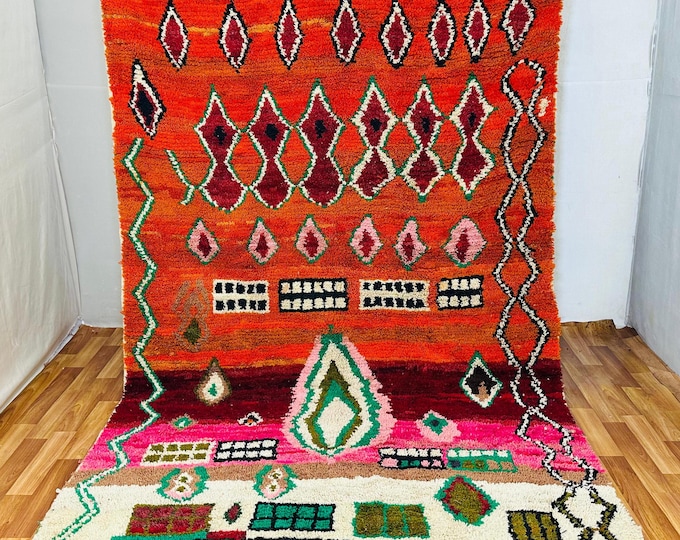 Handwoven Moroccan Rug: Berber Diamond & Window Motifs, Sunset Hues